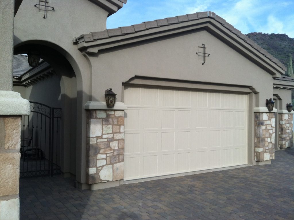 Double car garage door SteeLite Delano D1 model in wood grain texture