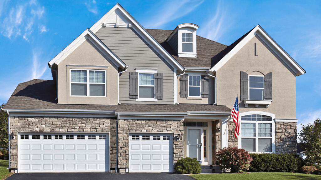 Double and single car garage doors Universal Series short panel in white with Sherwood lites